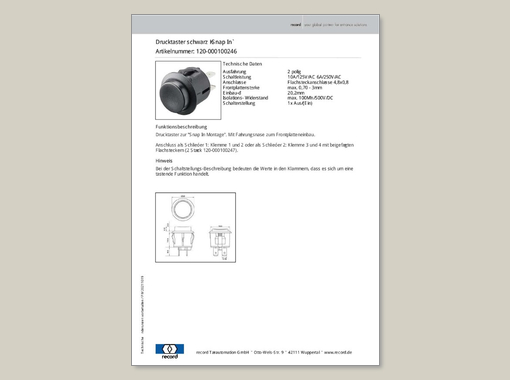 Datenblatt für Drucktaster schwarz Snap In