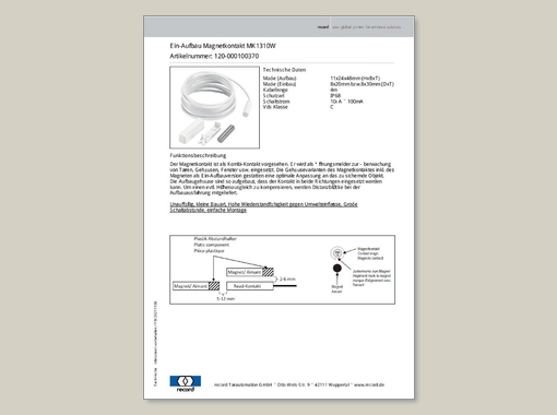 Datenblatt für Ein-Aufbau Magnetkontakt MK1310W