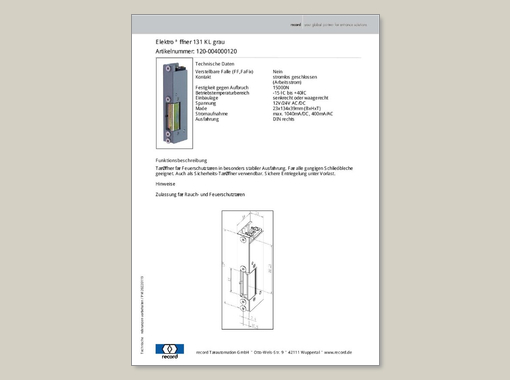 Datenblatt für Elektro Öffner 131 KL grau DIN rechts
