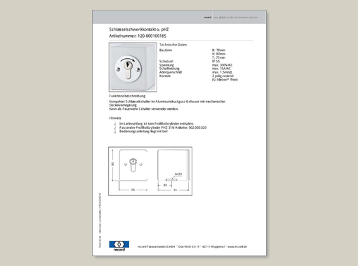 Datenblatt für Schlüsselschwenkkontakt o. PHZ