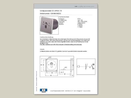 Datenblatt für Schlüsselschalter SE-UPRA1-1R