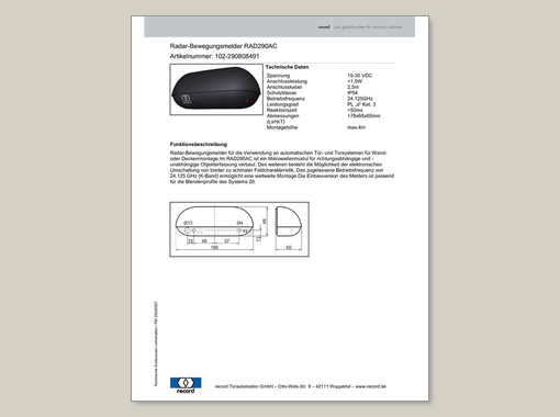 Datenblatt für Radar-Bewegungsmelder RAD290AC